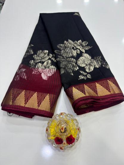 Printed Silk Blend Saree for Women with Temple Border and Traditional Ethnic Design