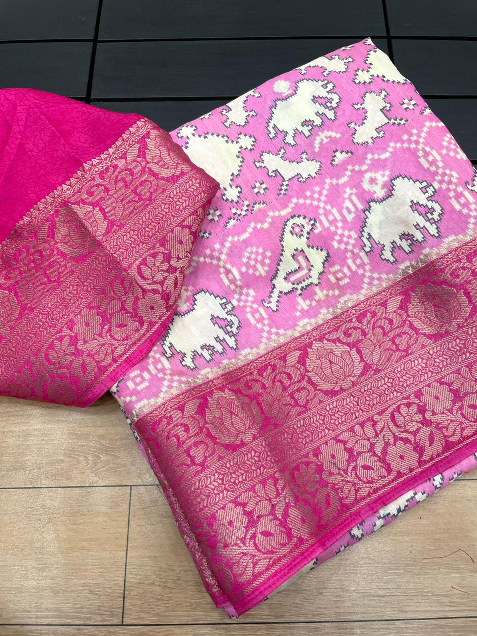 Premium Crepe Silk Printed Saree with Weaving Viscose Border and Running Blouse