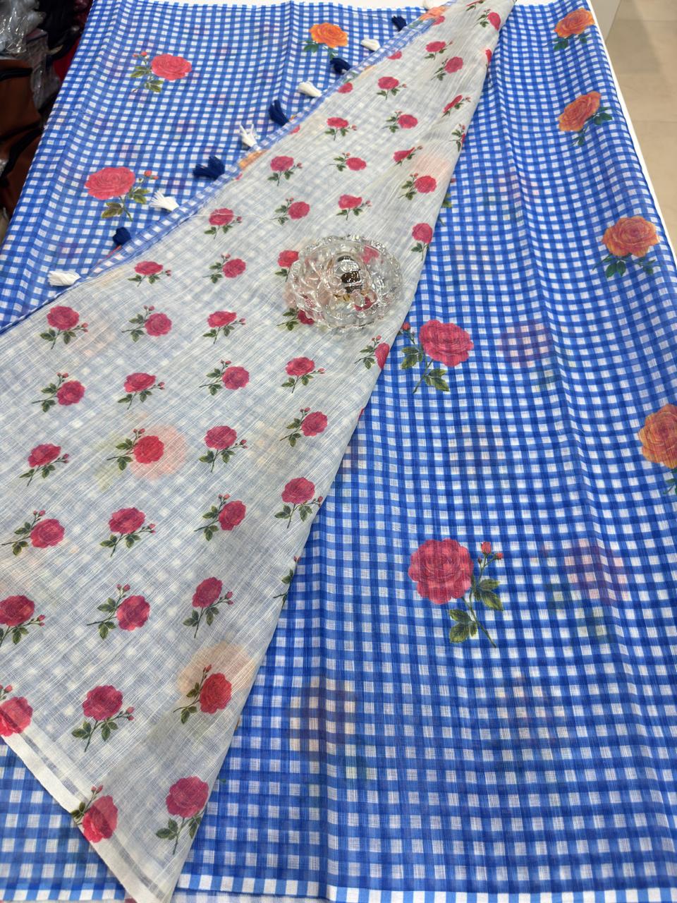 Linen Checks Printed Saree with Rose Floral Design and Matching Blouse for Women