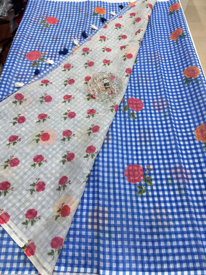 Linen Checks Printed Saree with Rose Floral Design and Matching Blouse for Women