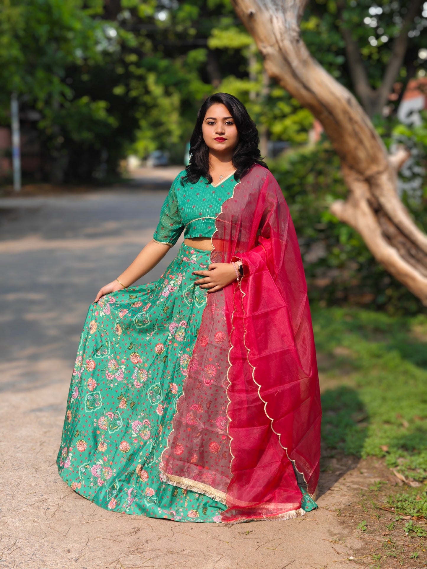 Green Crepe Silk Floral Printed Lehenga Choli with Dupatta for Women – Sizes S to 2XL
