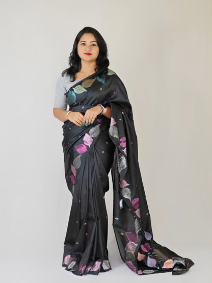 Pure Soft Silk Saree with Colorful Weaving and Leaf Panel Design