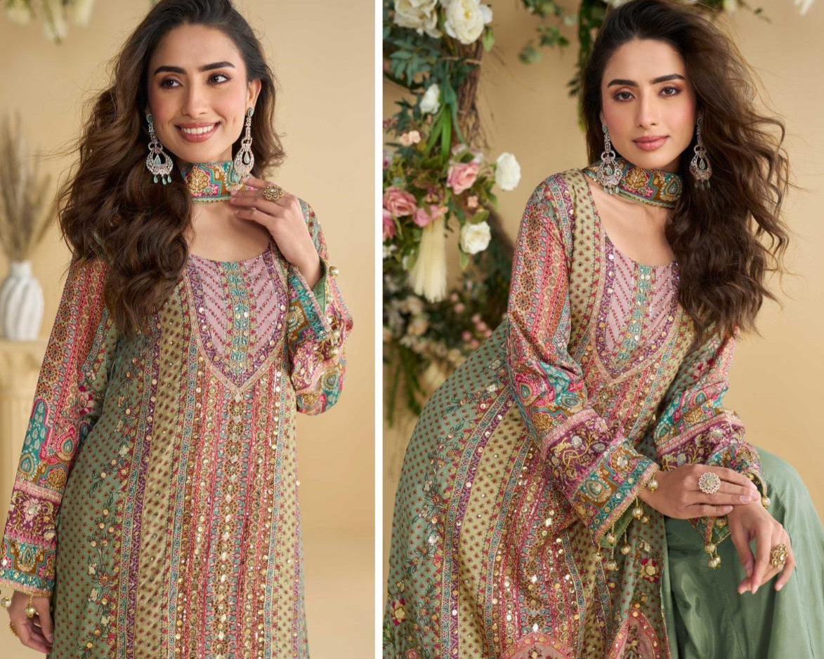 Natural Crepe Silk Kurti Plazzo Dupatta Set with Hand Aari and Gota Patti Work