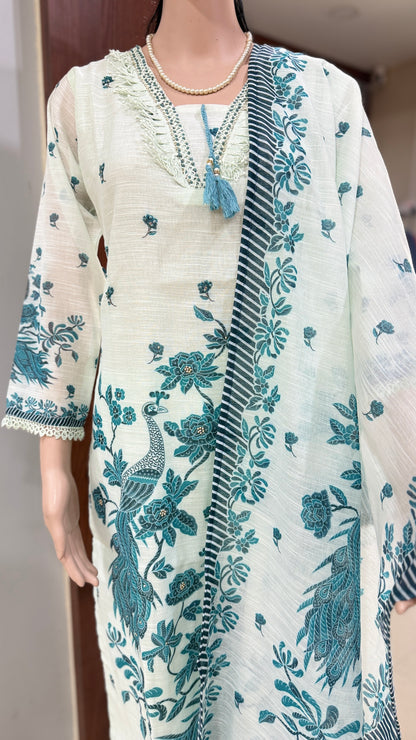Embroidered linen kurta pant dupatta set for women with floral bird print, tassel neck, sizes 38 to 44