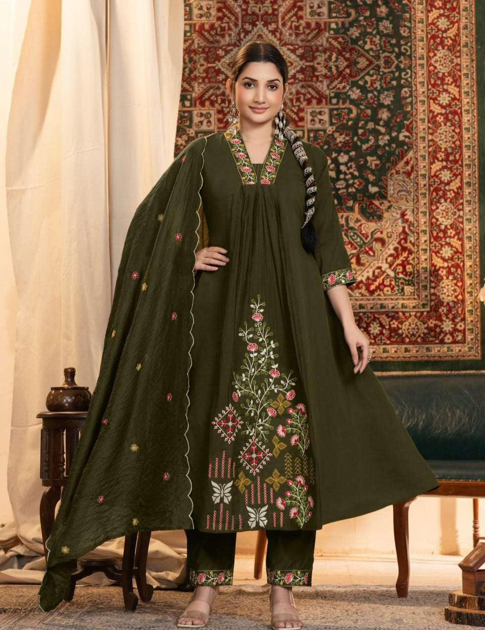 Mul Chanderi anarkali kurta set with cotton lining, Roman bottom and Chanderi dupatta, women’s festive 3 piece set XL–3XL