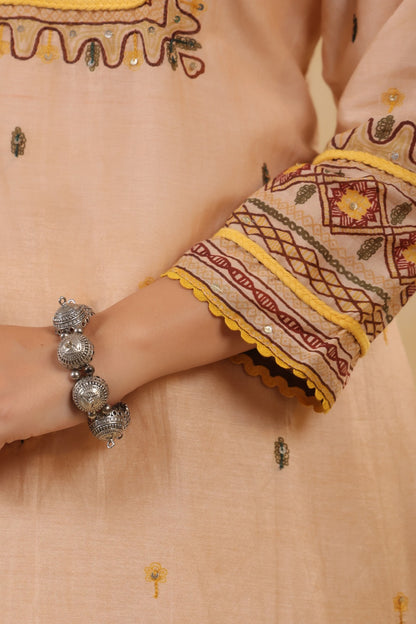 Mul Chanderi Kurti Pant Dupatta Set with Dori and Sequin Handwork for Women