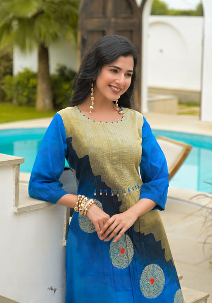 Cotton Kurti Pant Set for Women, Blue Olive Printed Kurti with Pant, 2 Piece Set, 3/4 Sleeves, Regular Fit