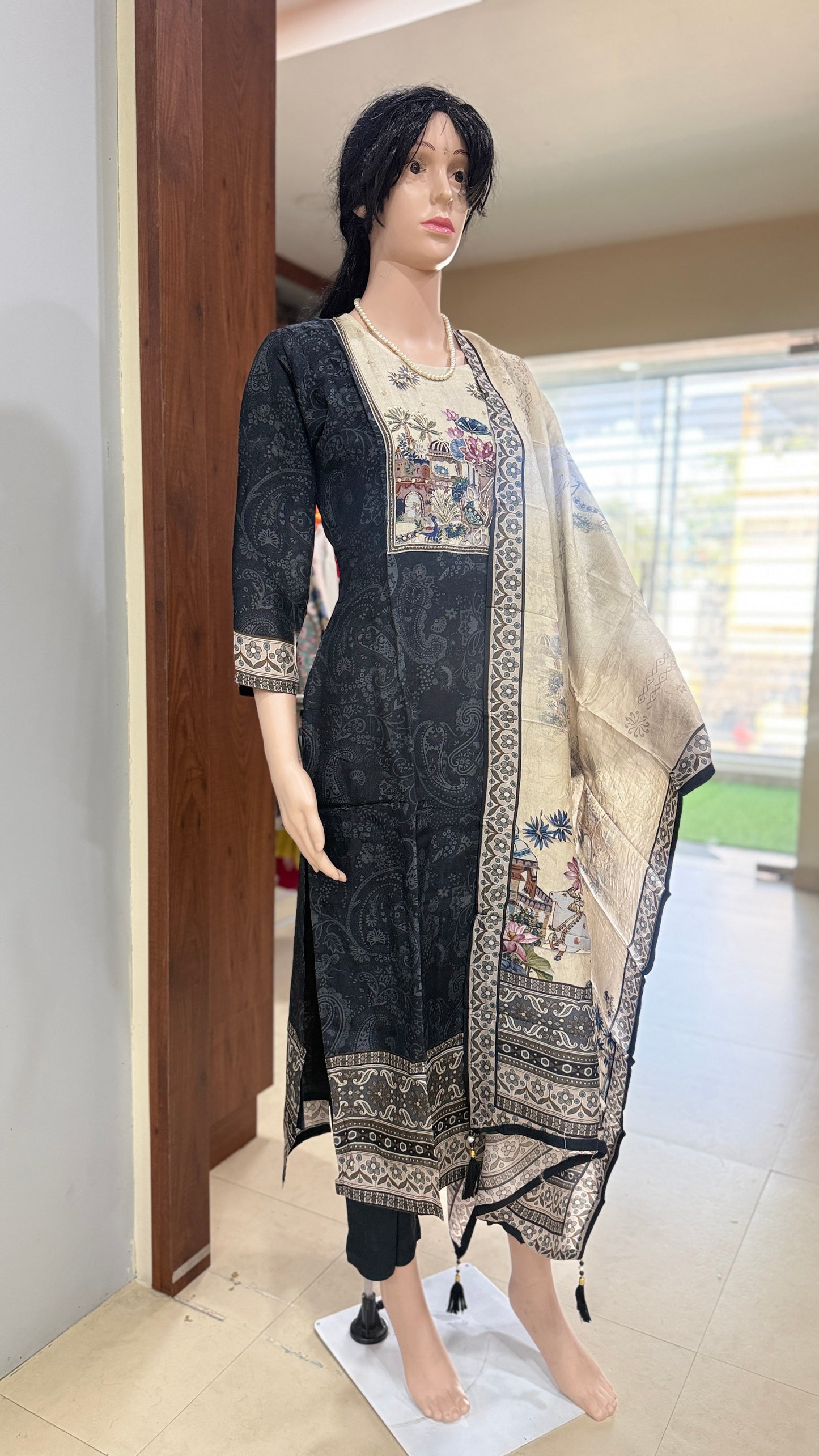 Viscose dola silk kurta pant dupatta set for women with lining, printed ethnic 3 piece set, sizes 38 to 46