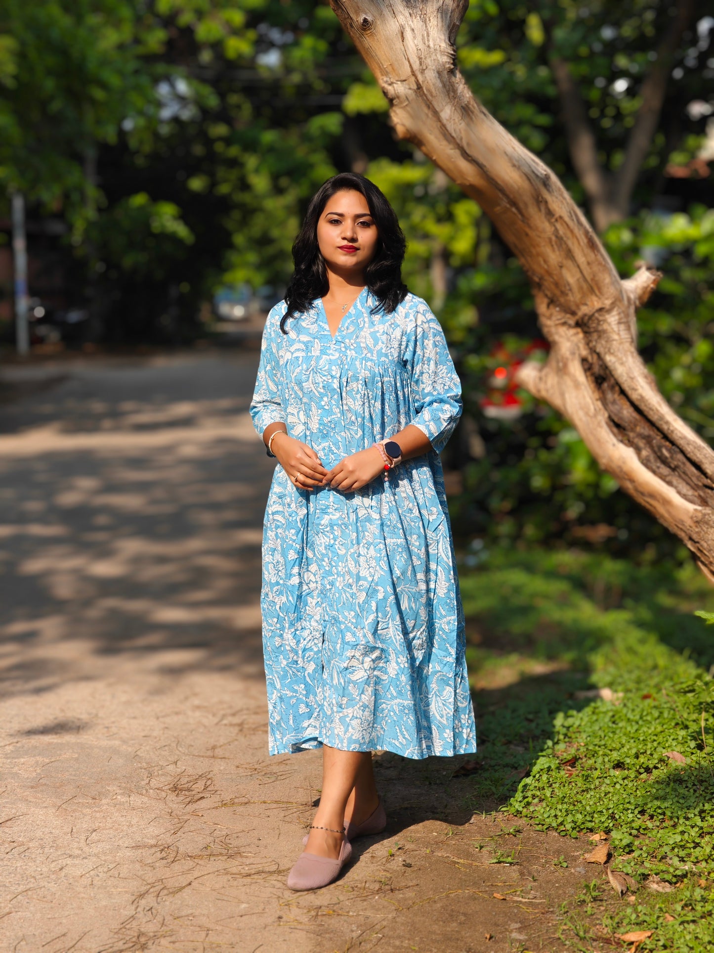 Sky Blue Cotton Floral Printed Flared Dress for Women with V-Neck – L to 2XL