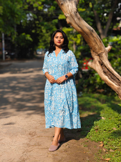 Sky Blue Cotton Floral Printed Flared Dress for Women with V-Neck – L to 2XL