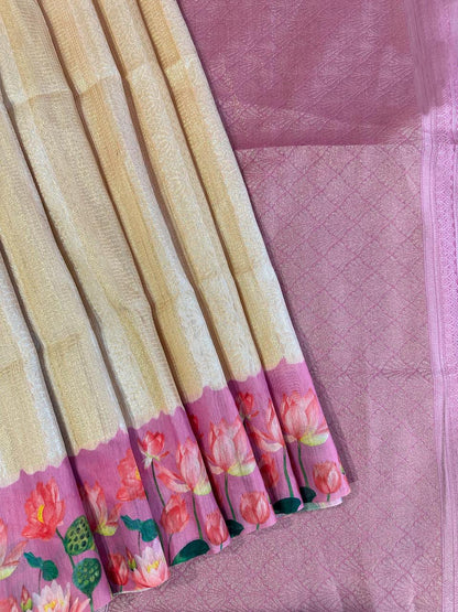 Soft Silk Saree with Pichwai Lotus Print Contrast Border, Rich Zari Pallu, and Blouse Piece