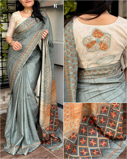 Air Silk Saree with Digital Ajrakh Print, Khatha Work and Sequins – Designer Blouse Included