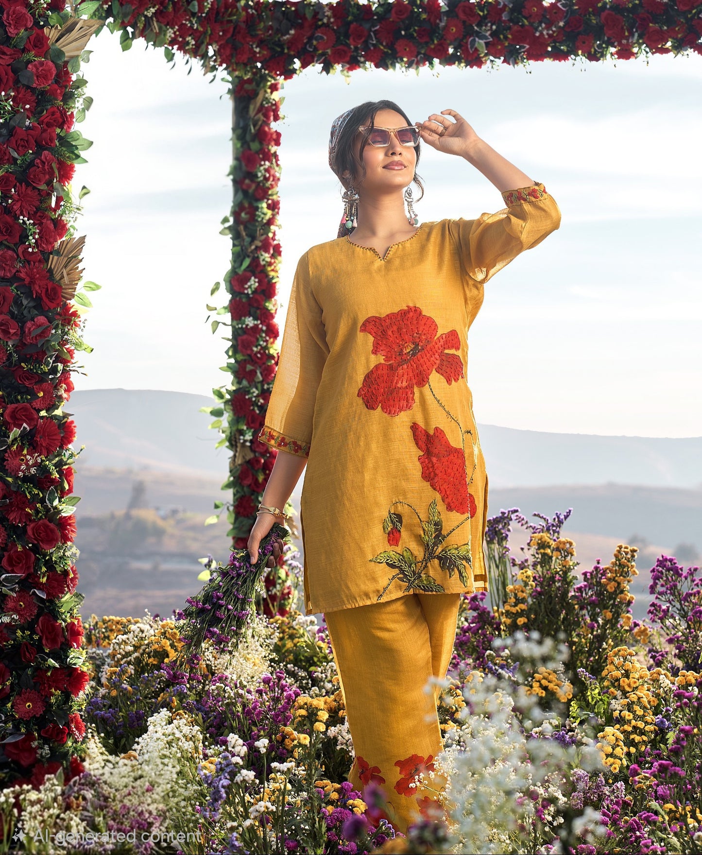 Linen Pure co ord set for women with cotton lining and knot work detailing, top and pant set L to 2XL