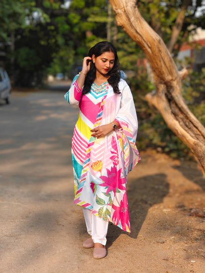 Multicolor Chinon Suit Set with Mirror and Jari Handwork for Women