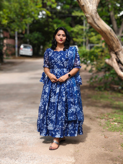 Pea Blue Organza Suit Set with Flared Kurta, Pants and Dupatta – Women’s Festive Wear