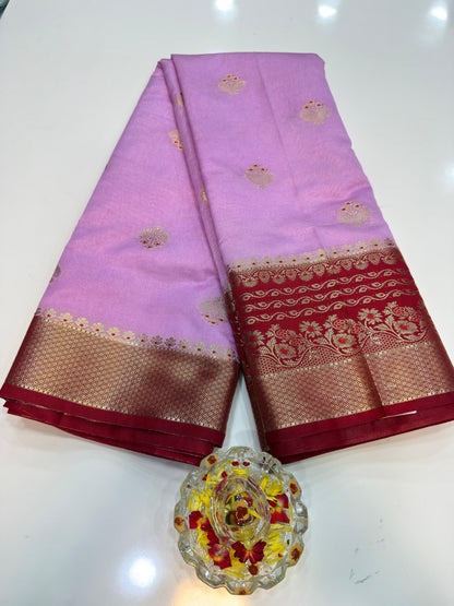 Banarasi Semi RW Mango Silk Saree for Women with Zari Buta, Contrast Border, Designer Pallu and Brocade Blouse