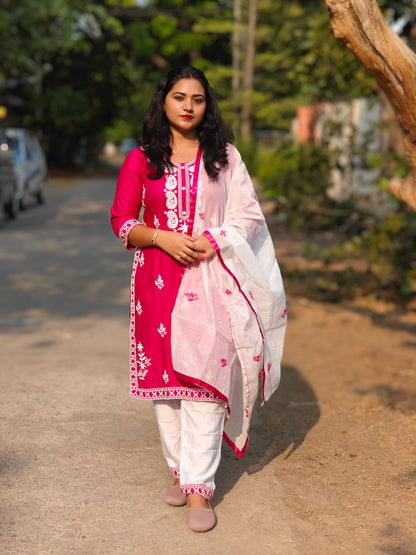 Designer kurti pant dupatta set for women in 14 kg rayon with cotton embroidery and chanderi silk dupatta