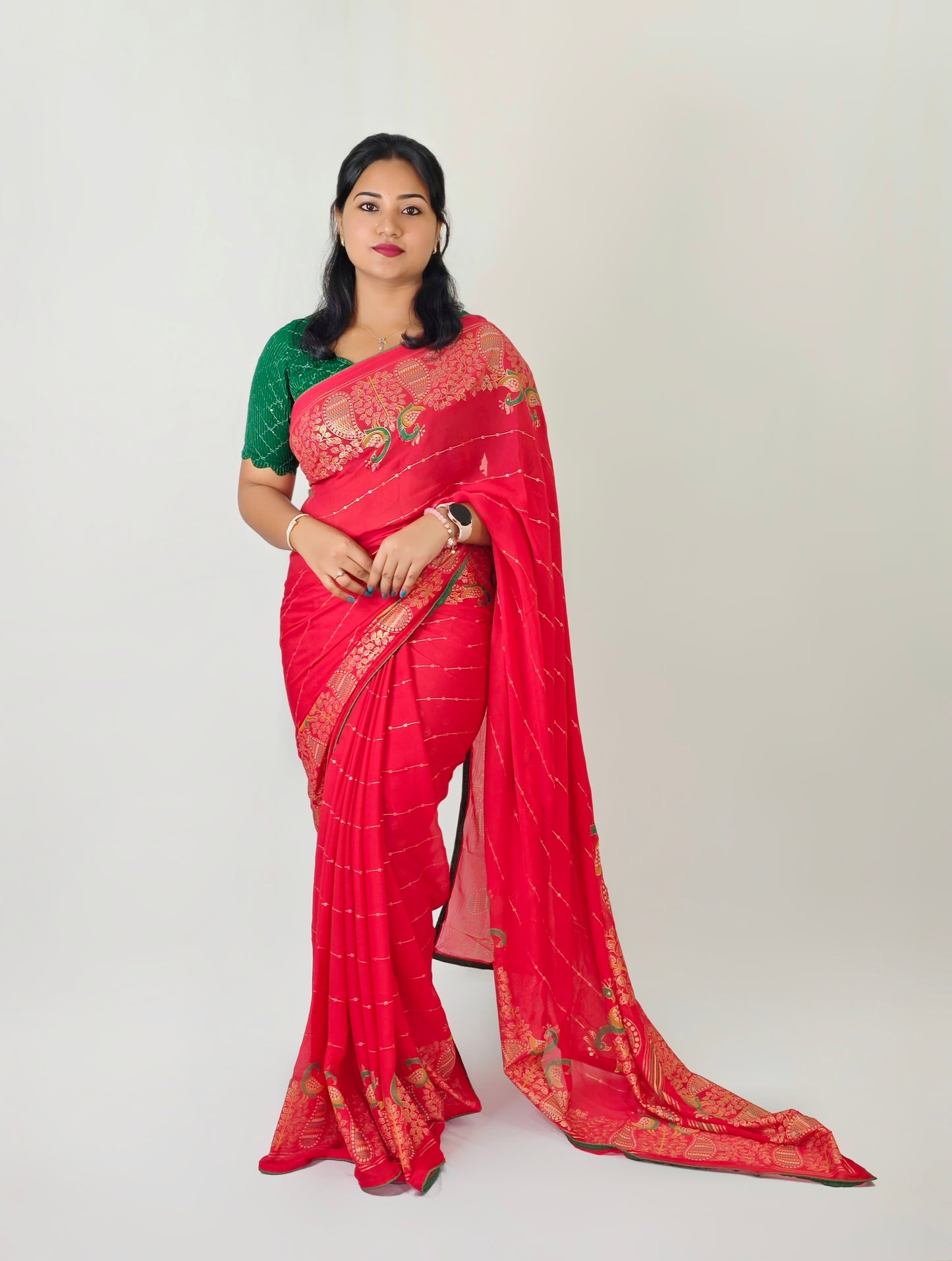 Bamber Viscose Georgette Saree with Mill Foil Print and Running Blouse – Festive Wear