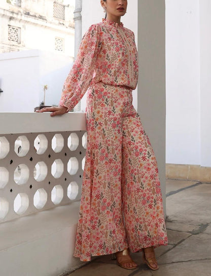 Floral printed georgette co-ord set for women with full-sleeve top and wide-leg pants – elegant summer outfit
