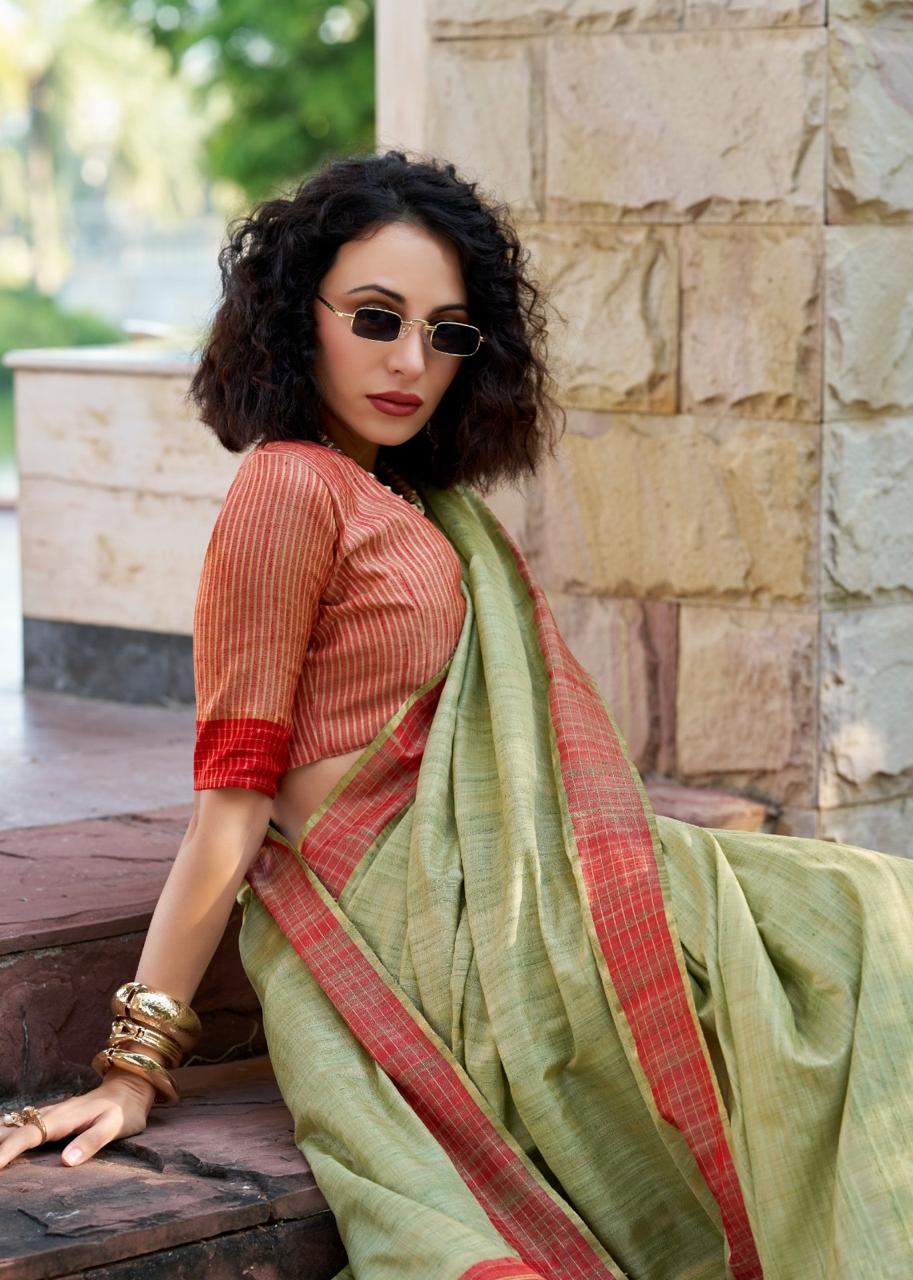 Handloom Style Katan Silk Saree with Red Zari Border – Elegant Office & Festive Wear Saree for Women