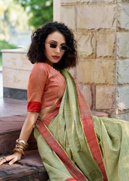 Handloom Style Katan Silk Saree with Red Zari Border – Elegant Office & Festive Wear Saree for Women