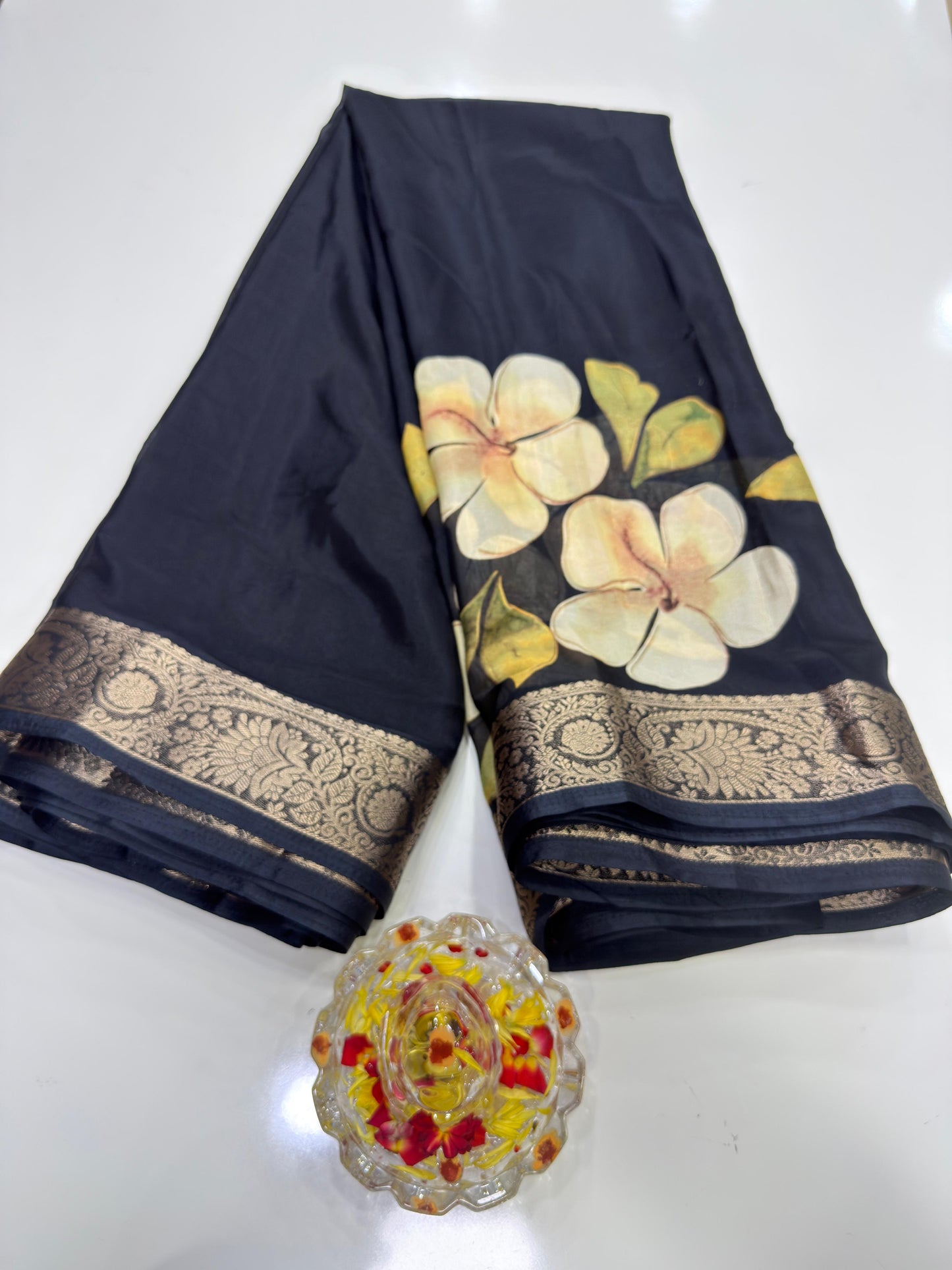 Floral Printed Semi Silk Saree for Women with Woven Border and Elegant Ethnic Design