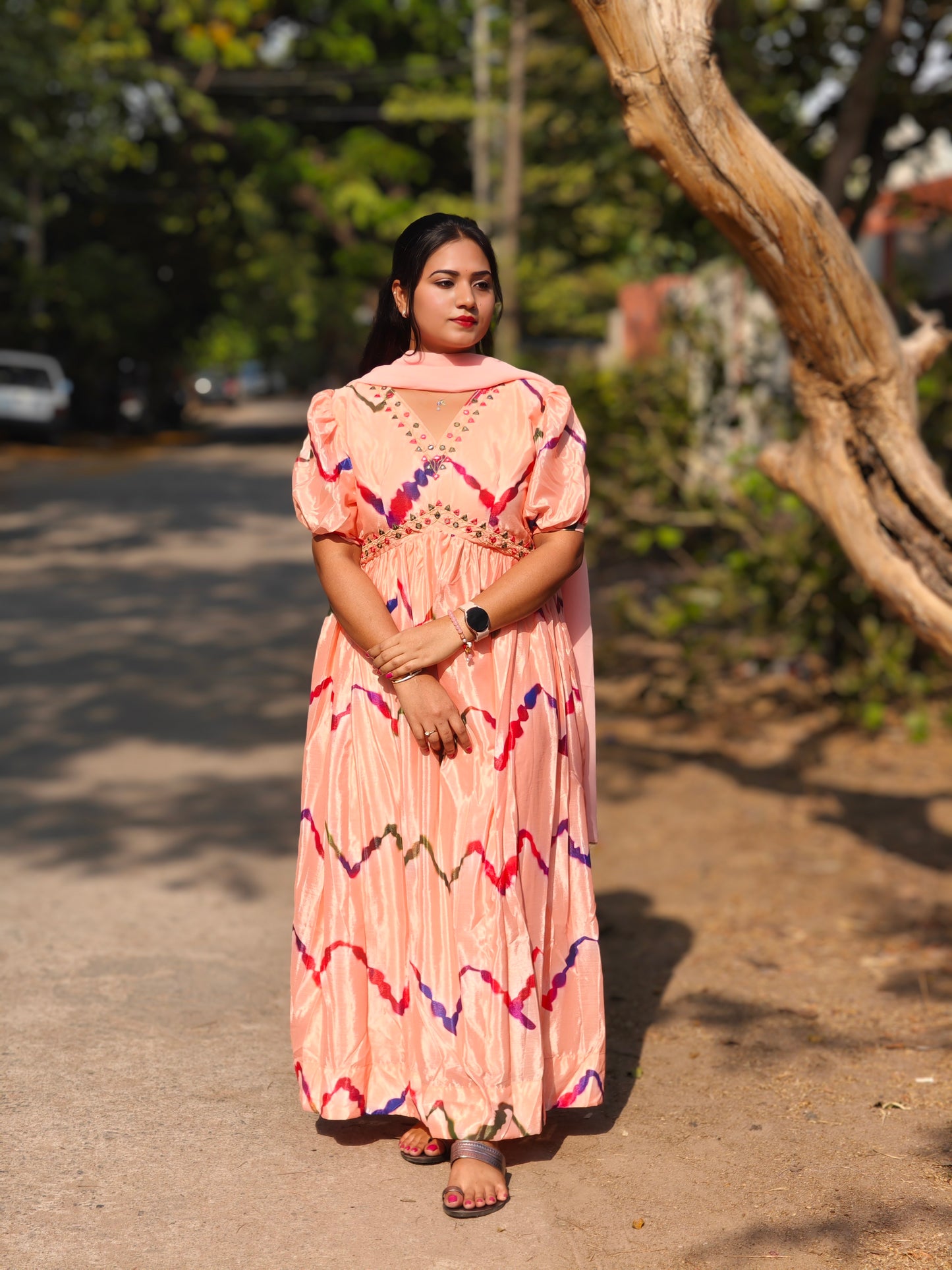 Peach Chinnon Alia Cut Kurta with Balloon Sleeves, Pant and Dupatta – Women’s Festive Set (L to 2XL)