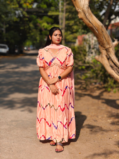 Peach Chinnon Alia Cut Kurta with Balloon Sleeves, Pant and Dupatta – Women’s Festive Set (L to 2XL)