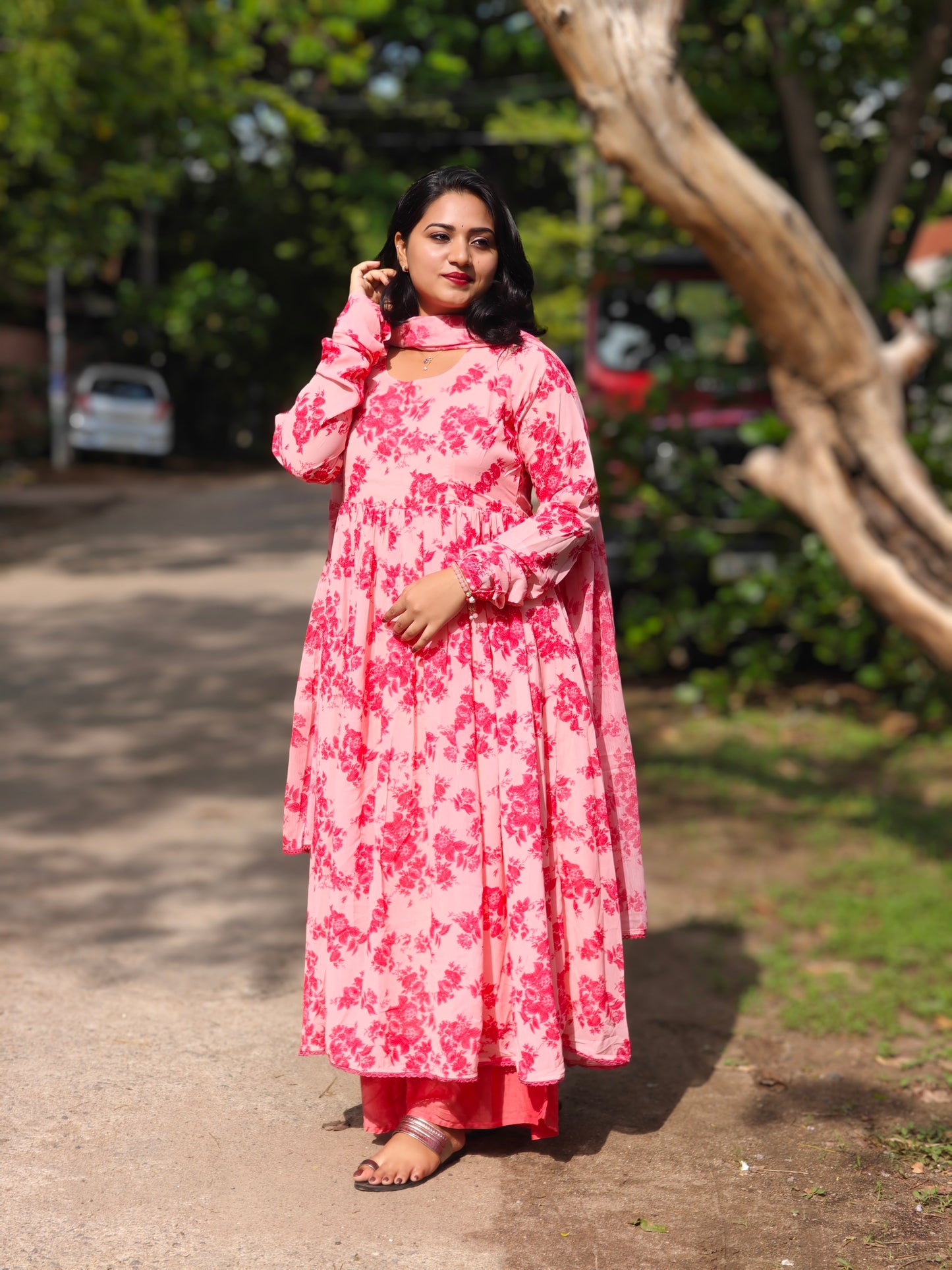 Floral Printed Georgette Kurta with Lace Hem, Flared Palazzo & Chiffon Dupatta