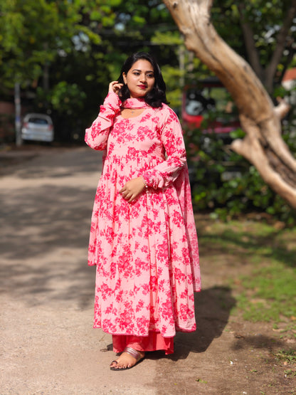 Floral Printed Georgette Kurta with Lace Hem, Flared Palazzo & Chiffon Dupatta