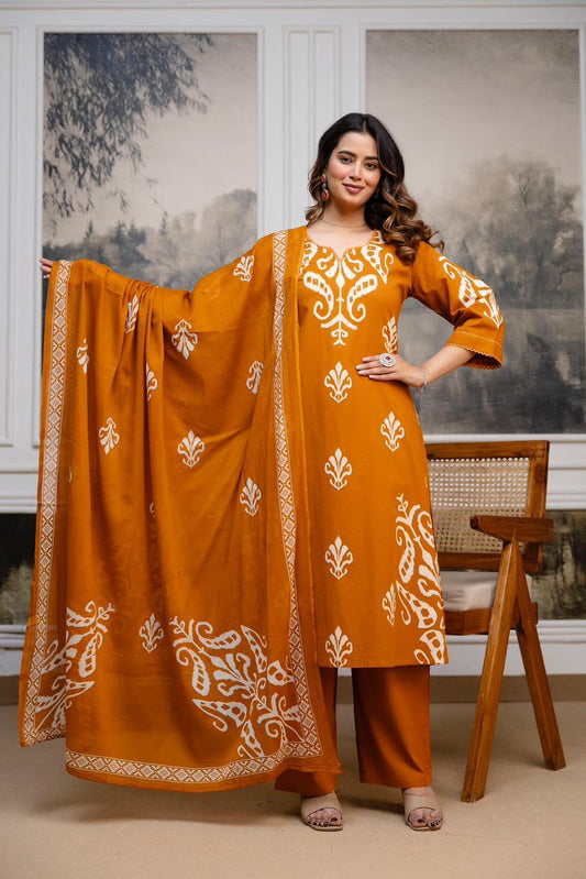 Women’s cotton 60x60 kurta pant dupatta set mustard rust, white motif print, v neck, three piece suit, sizes M-3XL