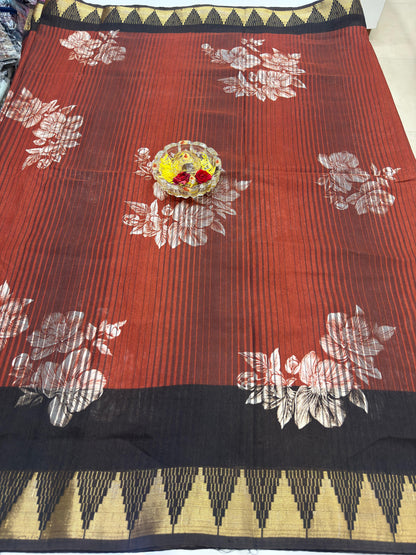 Printed Silk Blend Saree for Women with Temple Border and Traditional Ethnic Design