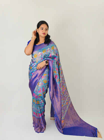 Nylon Silk Saree with Patola Print and Gold Zari Border for Women