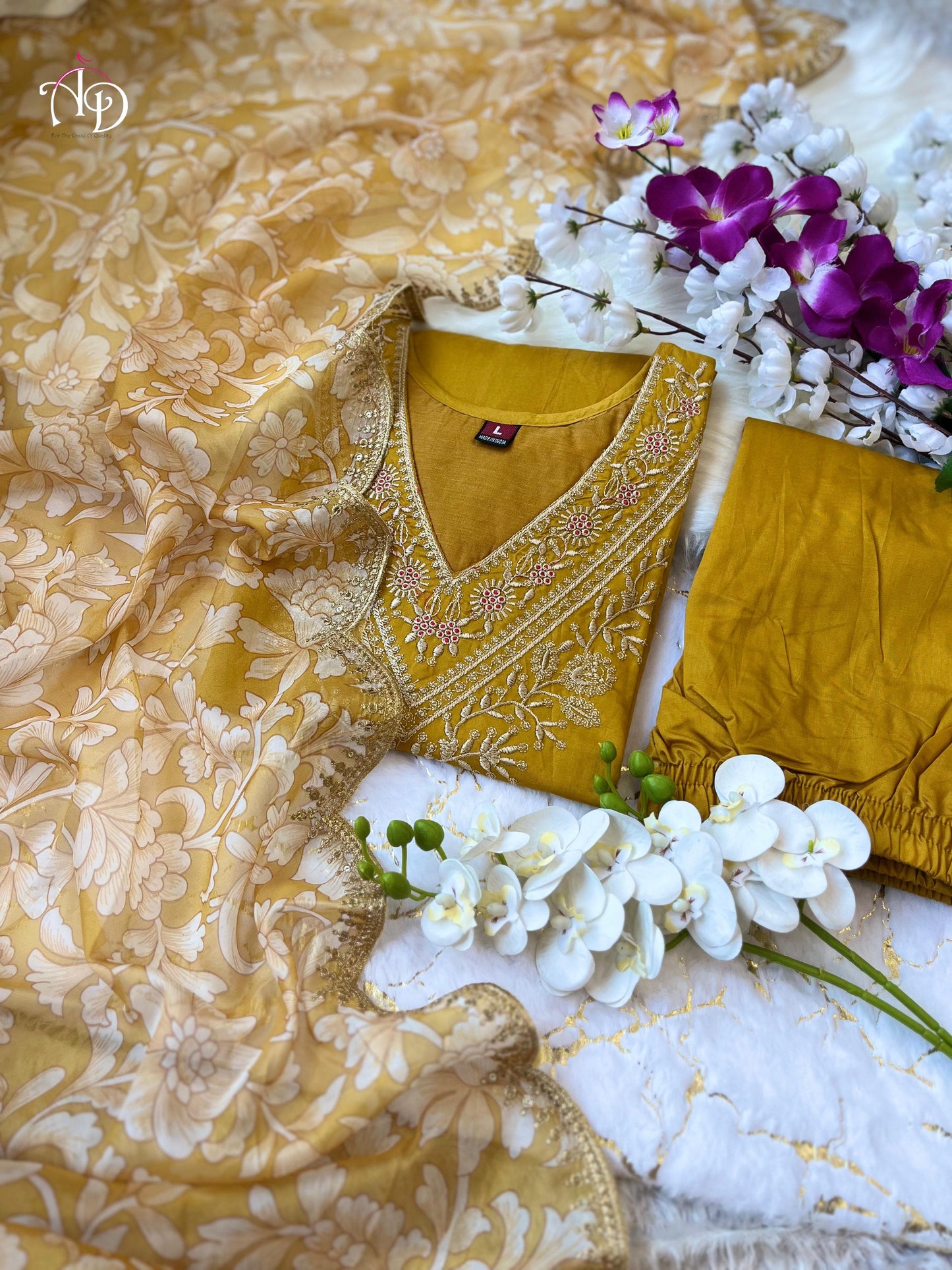 Heavy Chanderi Afghani Suit Set with Embroidery & Floral Print Organza Dupatta – Mahendi & Yellow – Sizes M & L