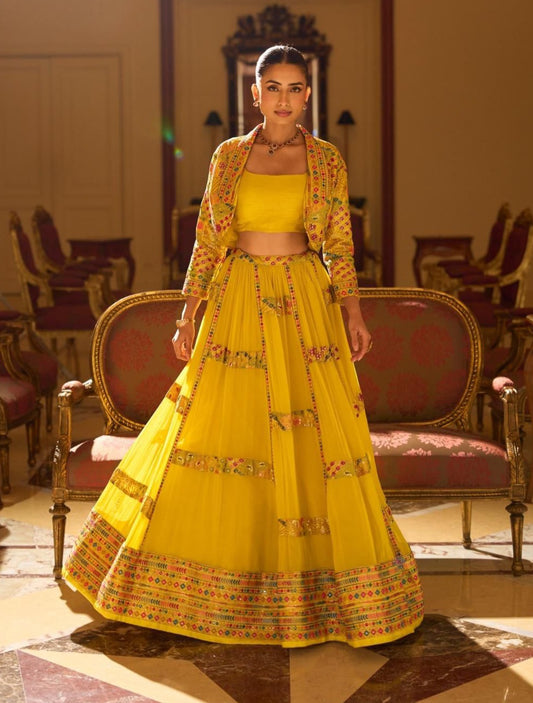 Yellow Georgette Embroidered Lehenga Set for Women with Short Shrug and Blouse – Wedding Wear