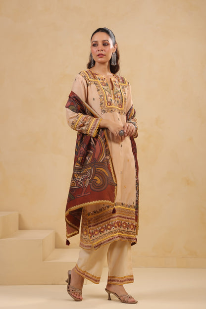 Mul Chanderi Kurti Pant Dupatta Set with Dori and Sequin Handwork for Women