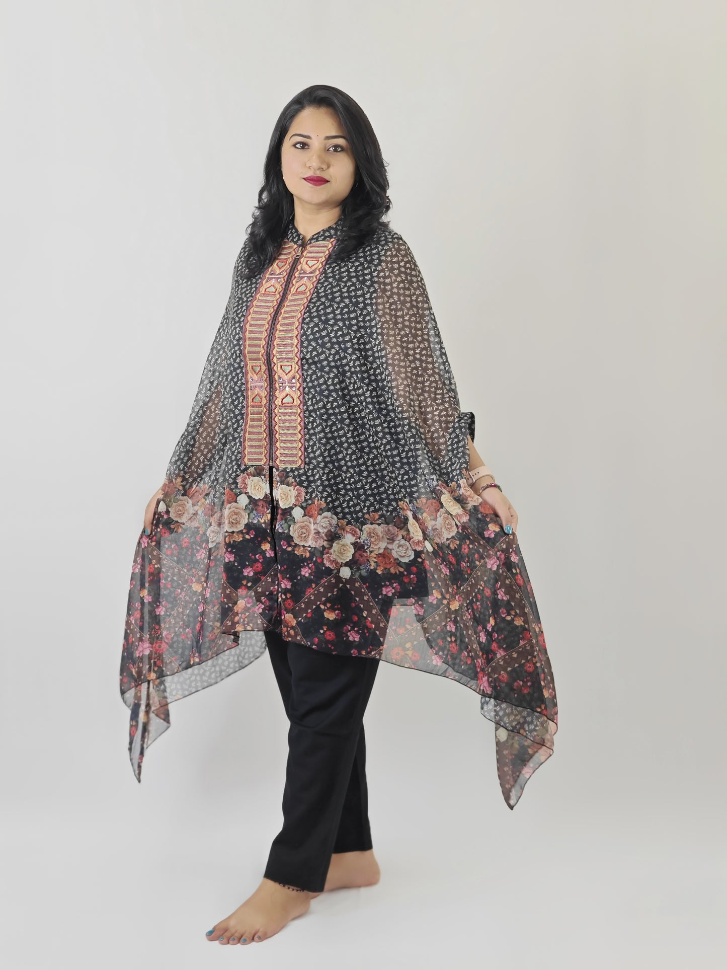 Designer Cape Style Embroidered Viscose Chiffon Top with Linen Cotton Bottom for Women | L to 2XL