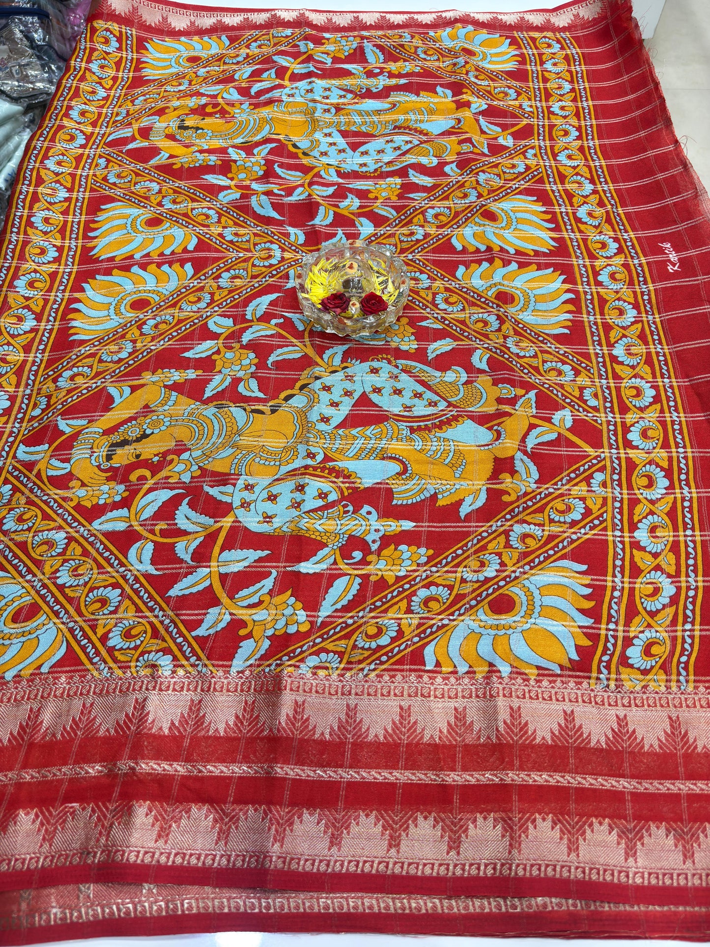 Silk Blend Saree for Women with Temple and Folk Motif Border Traditional Design