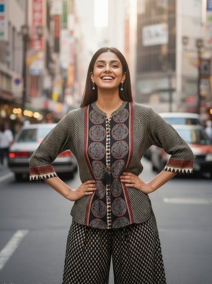 Women’s digital print viscose silk top palazzo set, moti sequin handwork touch, pocket palazzo, sizes 38-44