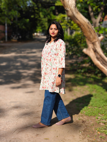 White Cotton Floral Printed A-Line Tunic for Women – Sizes S to 2XL