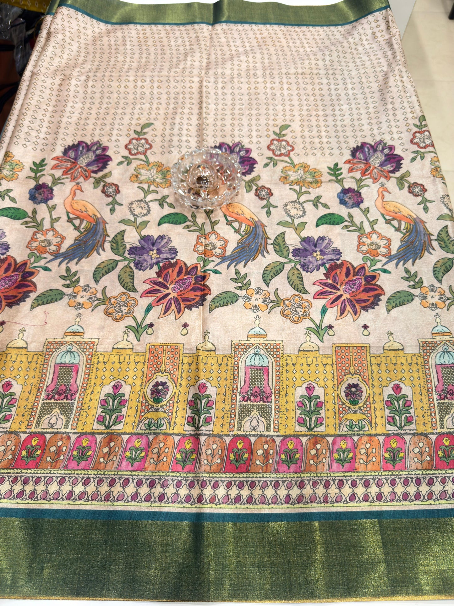 Soft Tussar Silk Printed Saree with Contrast Border, Tassels and Blouse for Women