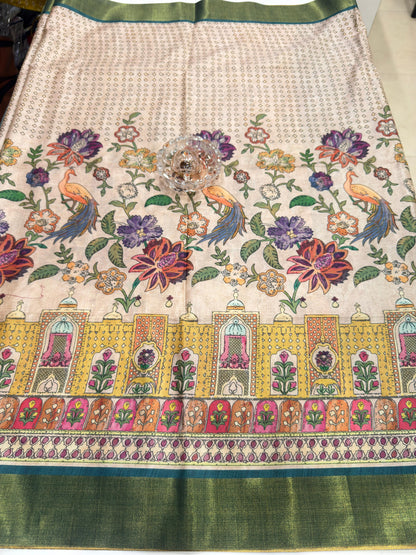 Soft Tussar Silk Printed Saree with Contrast Border, Tassels and Blouse for Women