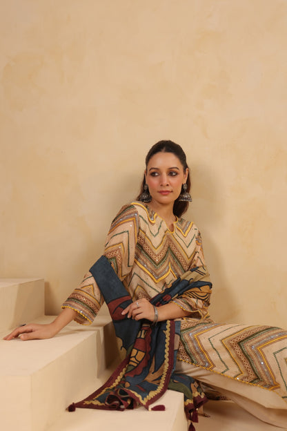 Mul Chanderi Kurti Pant Dupatta Set with Dori and Sequin Handwork for Women