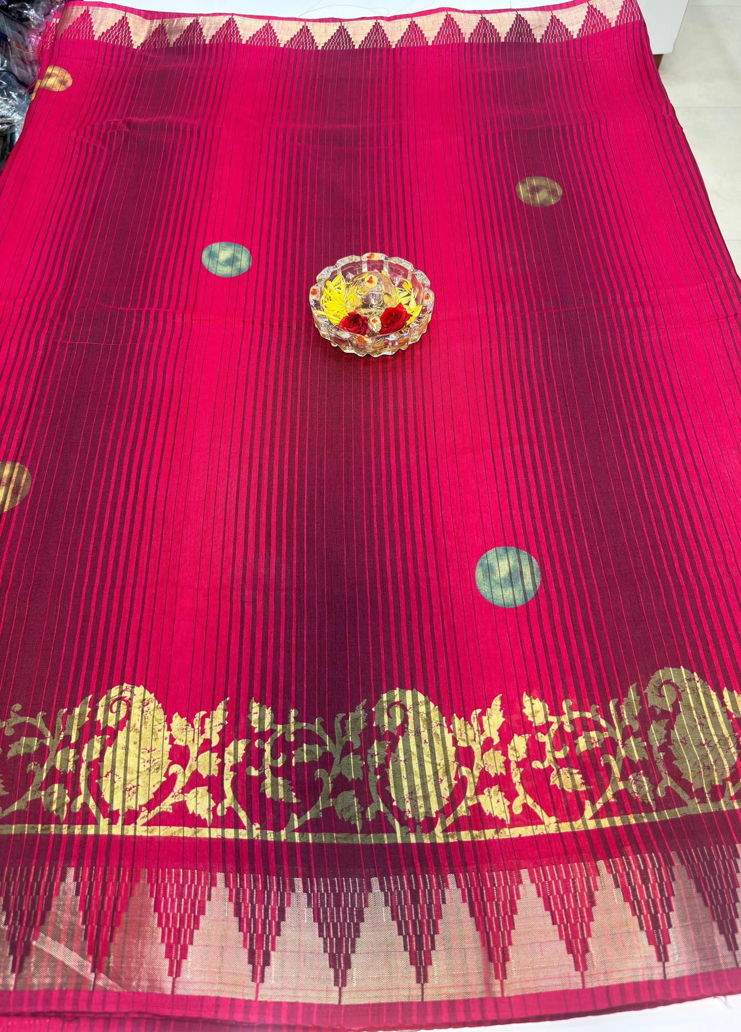 Printed Silk Blend Saree for Women with Temple Border and Traditional Ethnic Design