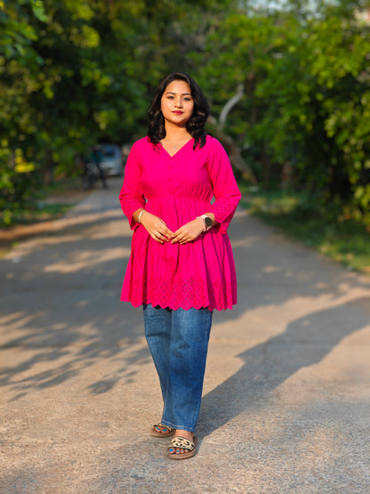 Rich Cotton Tunic for Women with Embroidered Detailing and Flared Hem – S to 3XL