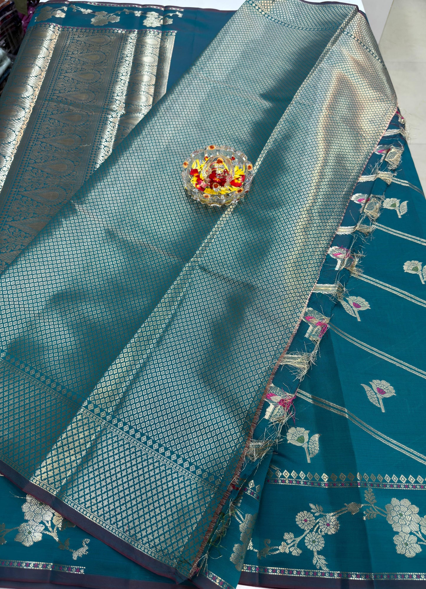 Banarasi Semi Katan Silk Saree for Women with Gold Zari Weaving, Meenakari Border and Blouse Piece