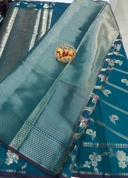 Banarasi Semi Katan Silk Saree for Women with Gold Zari Weaving, Meenakari Border and Blouse Piece