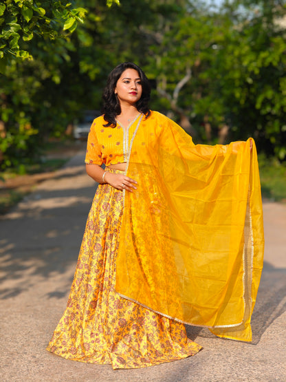 Mustard Crepe Silk Floral Printed Lehenga Choli with Dupatta for Women – Sizes S to 3XL