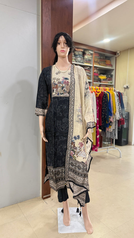 Viscose dola silk kurta pant dupatta set for women with lining, printed ethnic 3 piece set, sizes 38 to 46