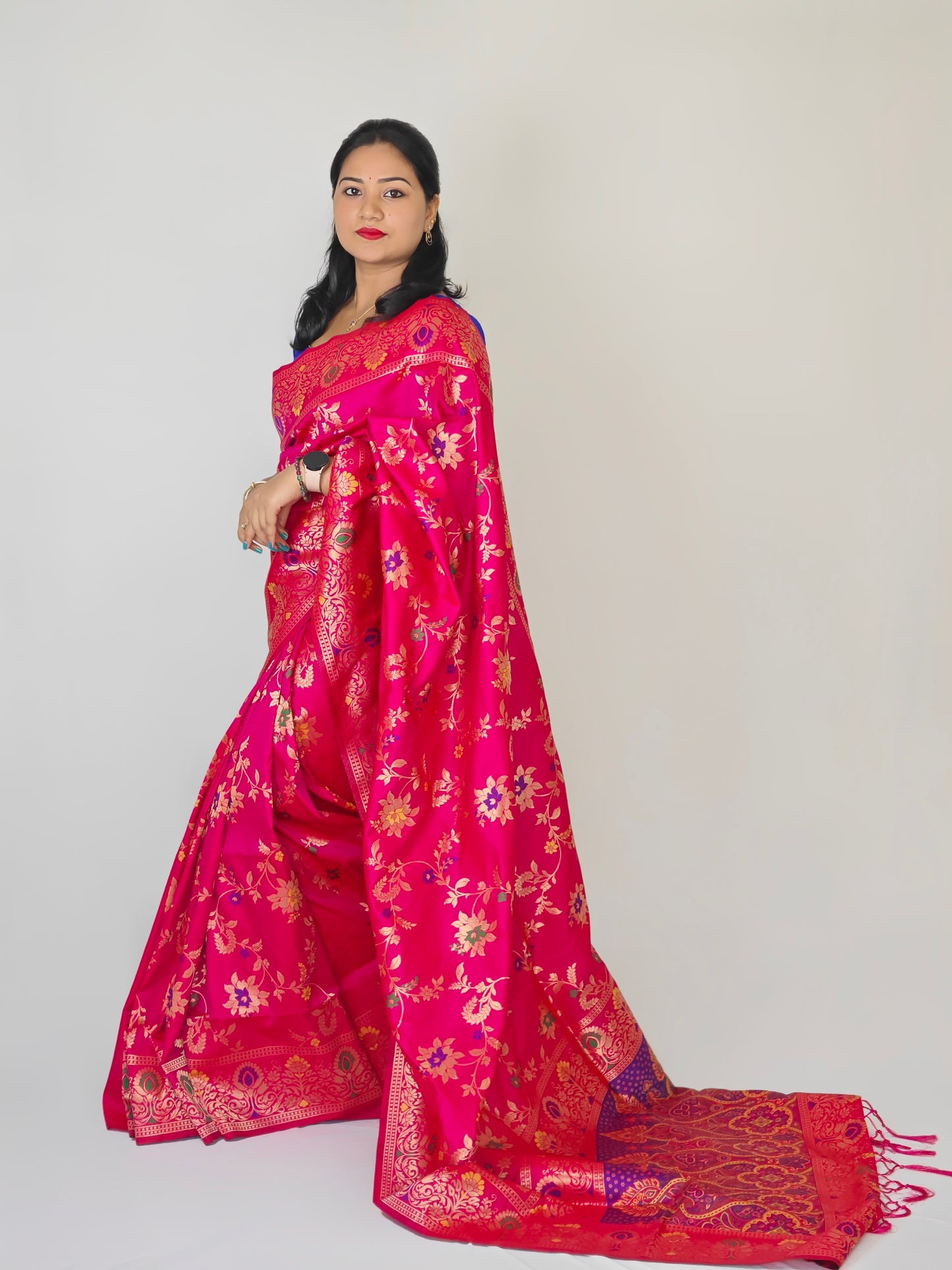 Pure Heavy Silk Saree with Zari and Minakari Weaving, Running Design Blouse with Jari Border